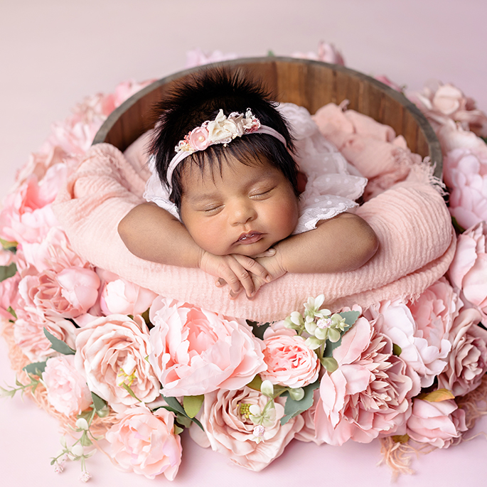girl in pink flowers family studio baby newborn photographer St Albans, Hertfordshire
